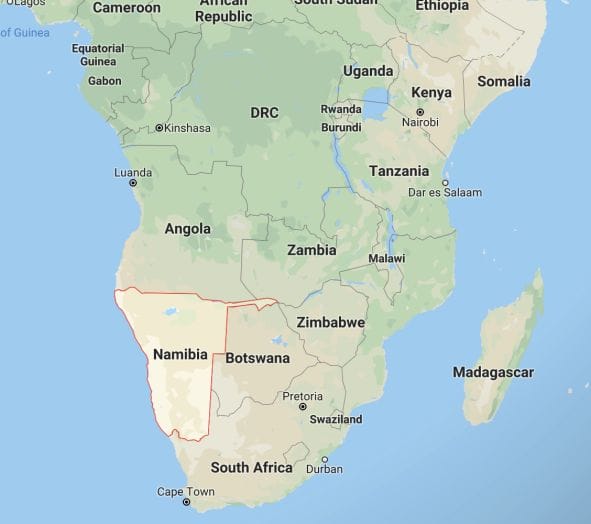 Where Namibia is within the continent of Africa